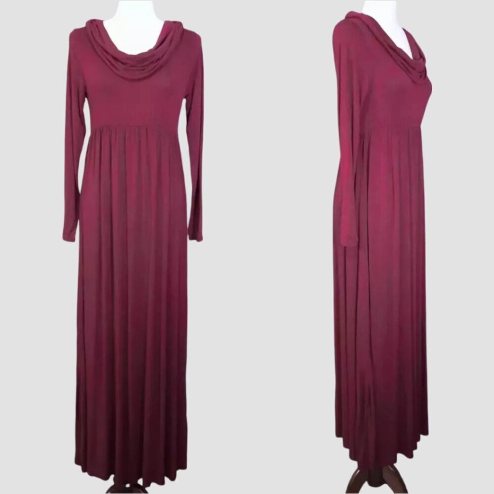 Mother Bee Maternity Maxi Dress Size Small Long Sleeve Cowl Neck Maroon Stretch